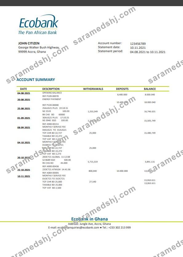 Ghana Ecobank bank statement template, Word and PDF format